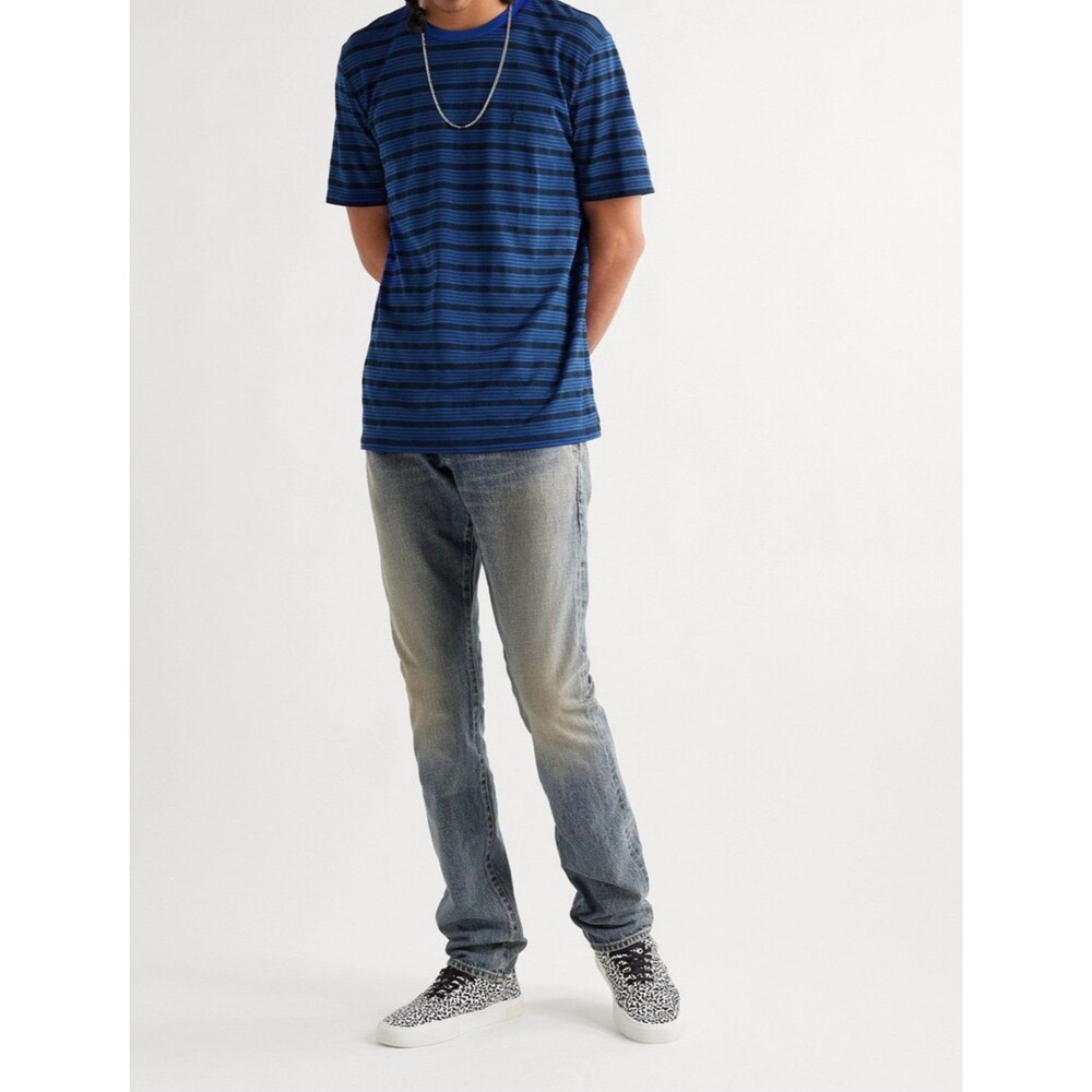 SAINT LAURENT - Logo-Embroidered Striped Cotton-Jersey T-Shirt - Blue size M